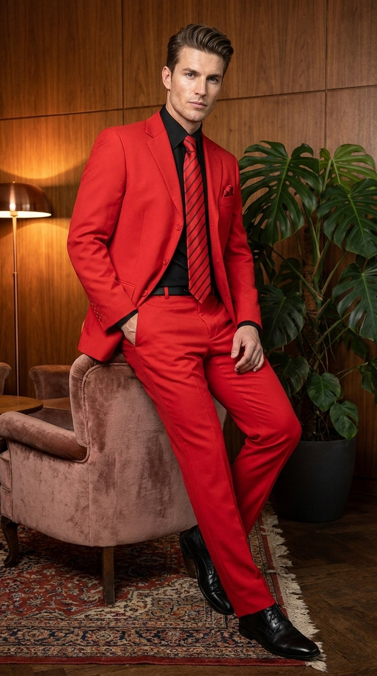 G-Men Men’s Red Super 120s Suit, Solid Color Formal Wedding Prom Business Dress Suit