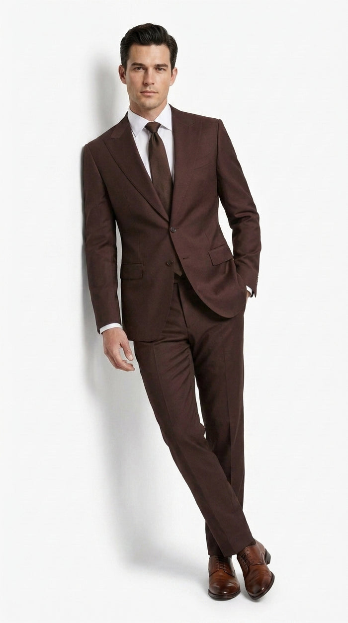 Statement Men’s Brown 2 Piece Wool Suit, Modern Fit Formal Wedding Business Suit with Pic Stitching