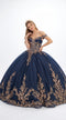 Navy/Gold Off-Shoulder V-Neck Satin Corset Lace Appliqué Ball Gown with Bow by Elizabeth K GL3674