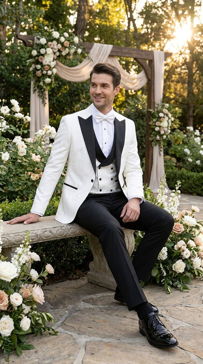 Men’s White and Black Vested Tuxedo Suit, Formal Wedding Groom Prom Dinner Suit