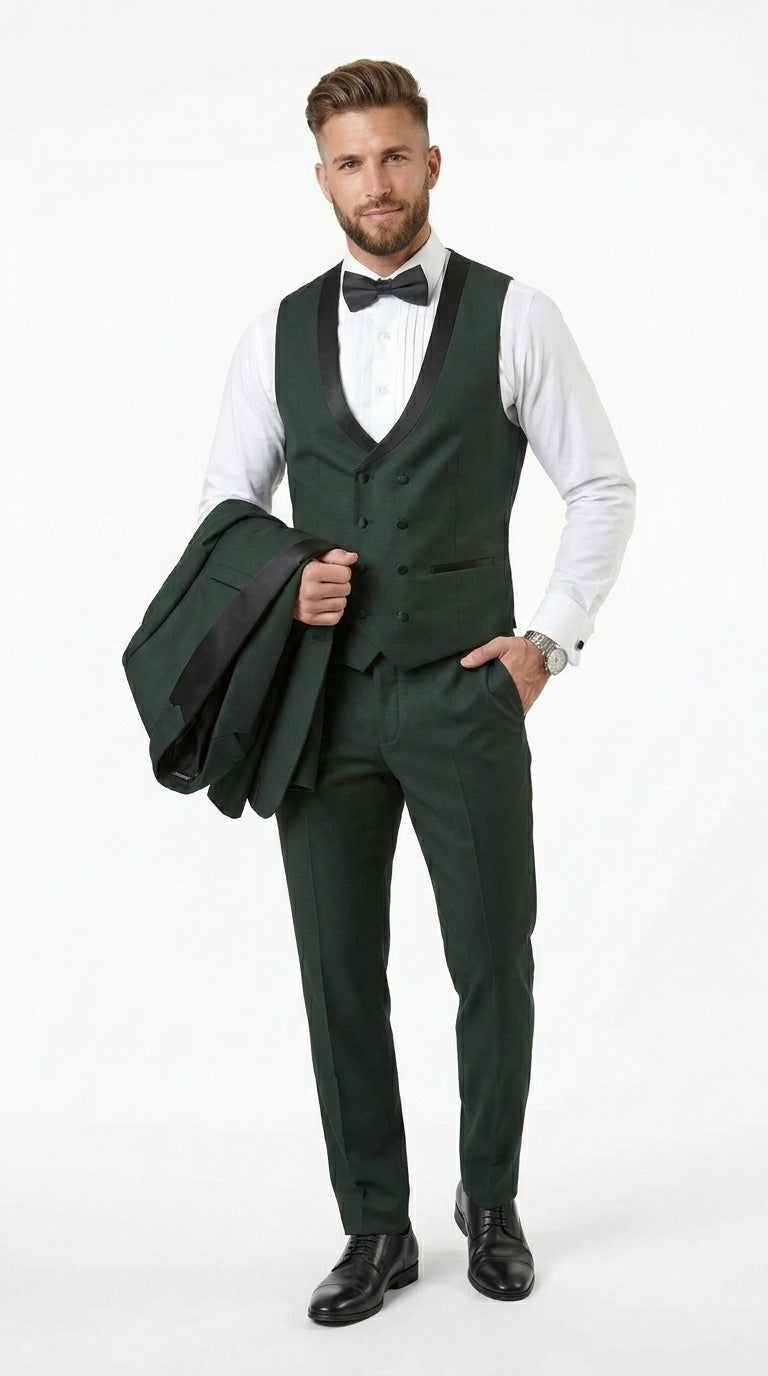 Men’s Hunter Green Vested Tuxedo Suit with Black Trim Shawl Lapel, Wedding Prom Formal Suit Set