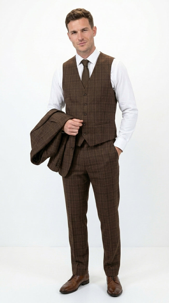 Men’s Brown Windowpane Plaid 3 Piece Suit, Classic Formal Wedding Business Dress Suit Set