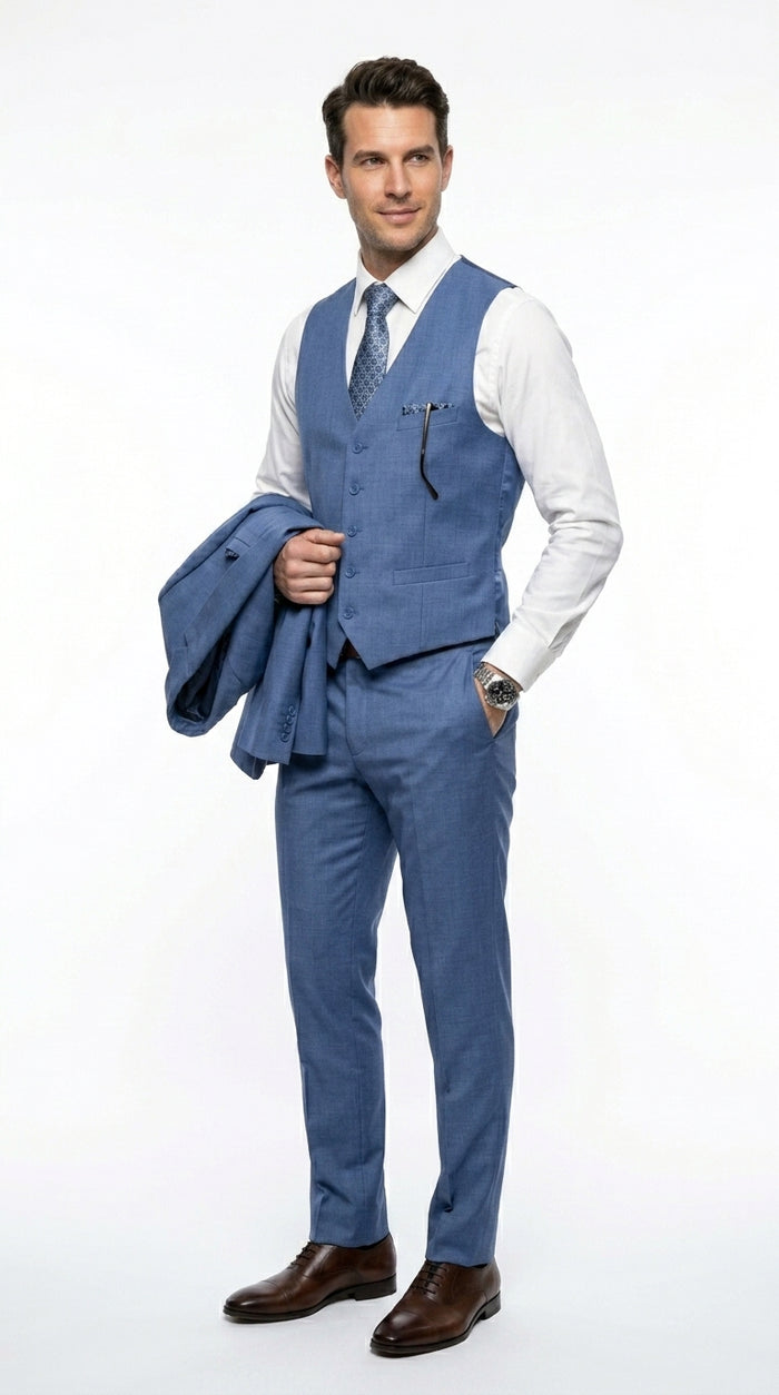 Men’s Steel Blue 3 Piece Prom Suit, Dusty Blue Vested Wedding Formal Suit Set