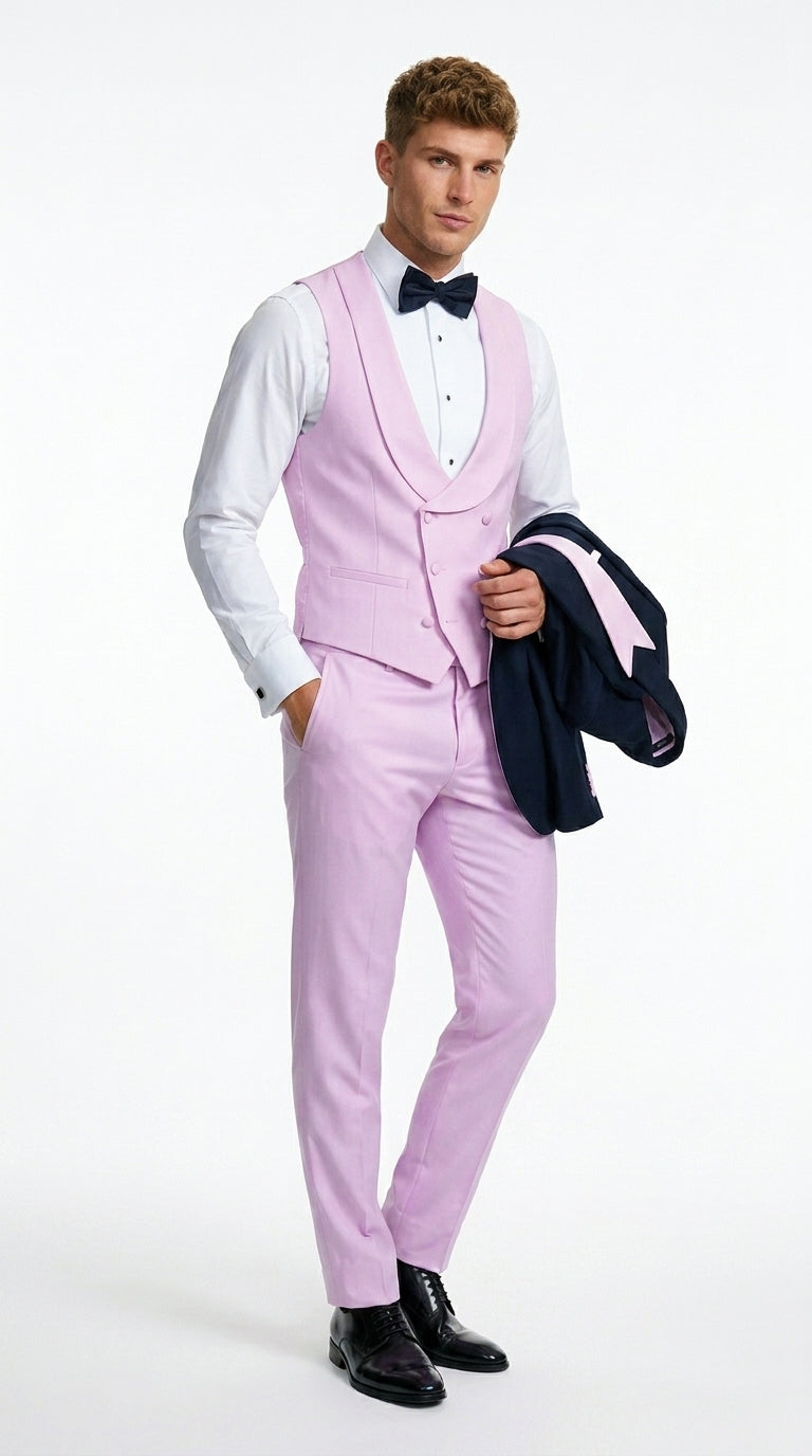 Men’s Black and Pink 100% Wool Vested Tuxedo, Peak Lapel Wedding Prom Formal Suit Set