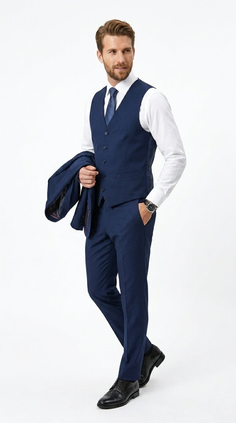 Men’s Navy 100% Wool Vested Tuxedo, Shawl Lapel Wedding Prom Formal Suit Set