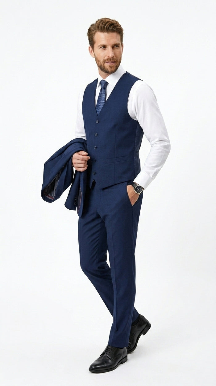 Men’s Navy 100% Wool Vested Tuxedo, Shawl Lapel Wedding Prom Formal Suit Set