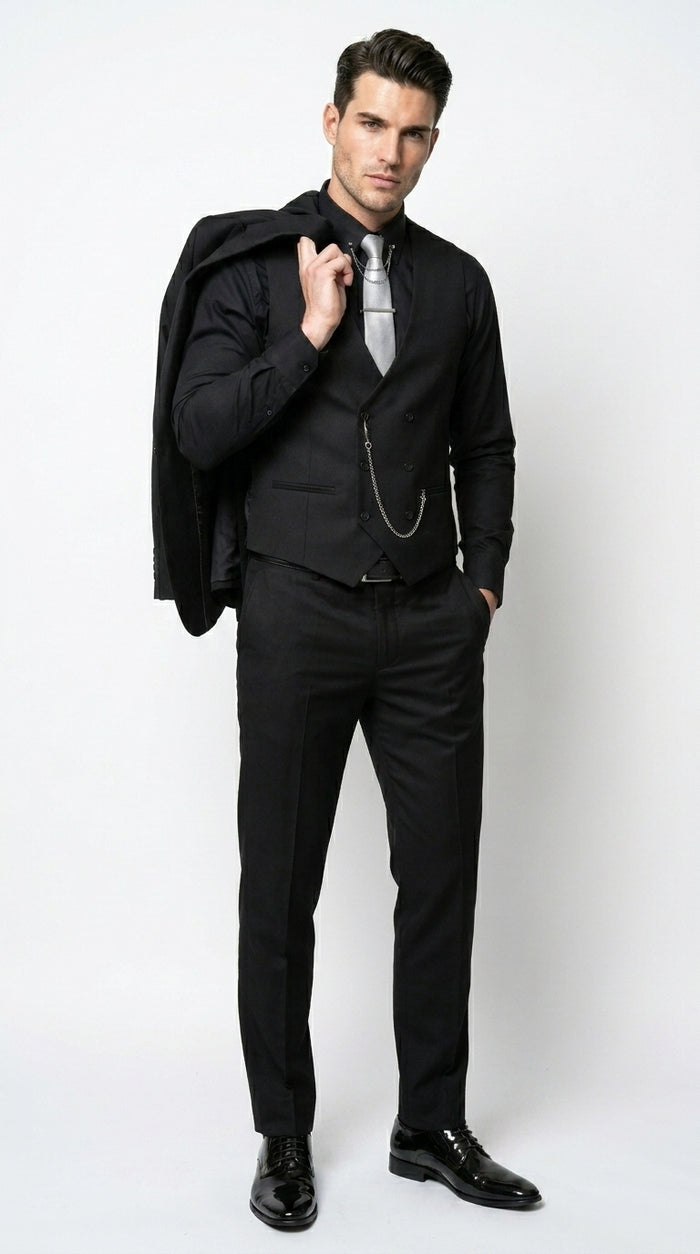 Men’s Black 3 Piece Suit with Double Breasted Vest, Formal Wedding Prom Business Dress Suit Set