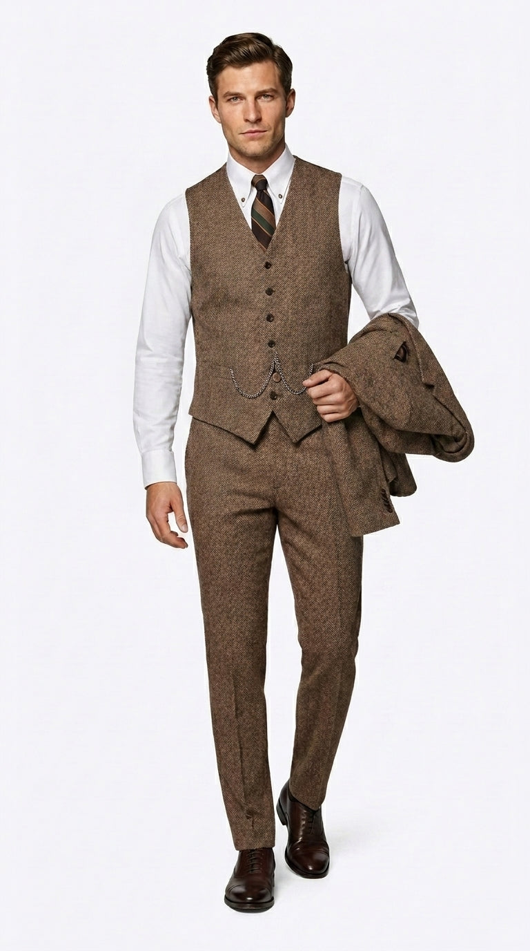 Men’s Great Gatsby Costume Package, Brown 1920s Suit with Vest, Pants, Shirt and Tie