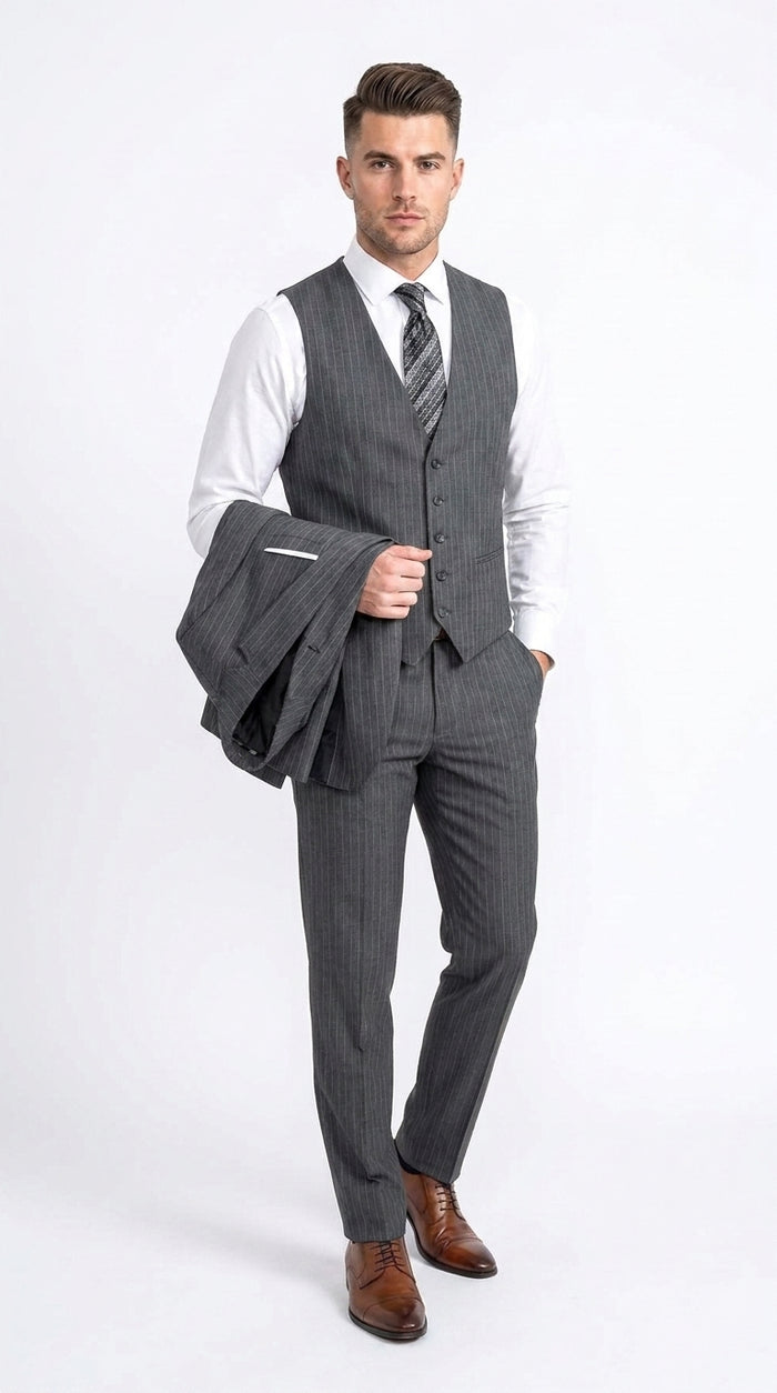 Men’s Charcoal Grey Pinstripe 2 Button Vested Suit, Modern Fit Wool Blend Formal Dress Suit