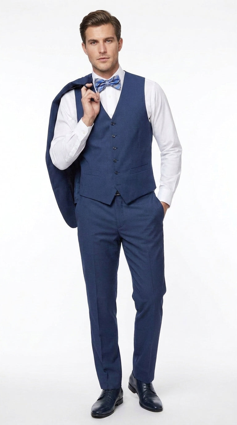 Men’s Big and Tall Indigo Blue 3 Piece Suit, Extra Long Modern Fit Wedding Business Formal Suit