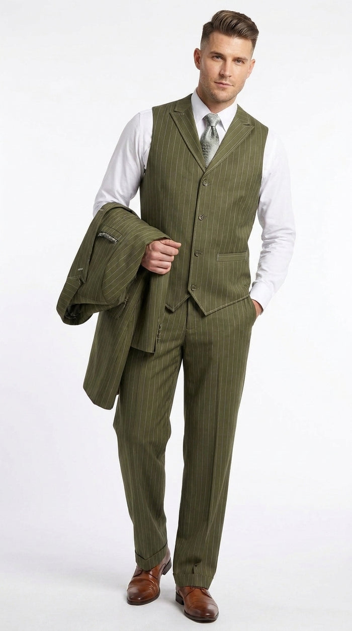 Men’s Big and Tall Olive Pinstripe 3 Piece Suit, Plus Size Long Jacket Formal Wedding Business Suit