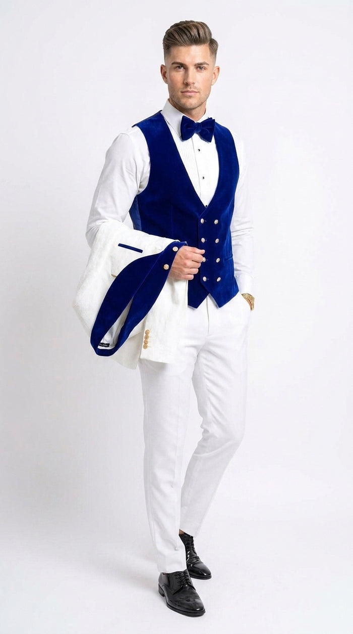 Men’s White and Royal Blue 3-Piece Tuxedo – Groom Wedding and Prom Suit with Velvet Shawl Lapel