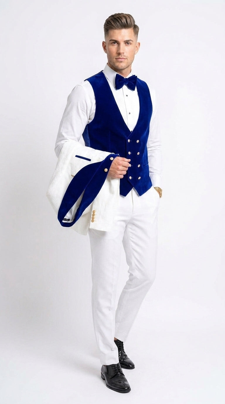 Men’s White and Royal Blue 3-Piece Tuxedo – Groom Wedding and Prom Suit with Velvet Shawl Lapel