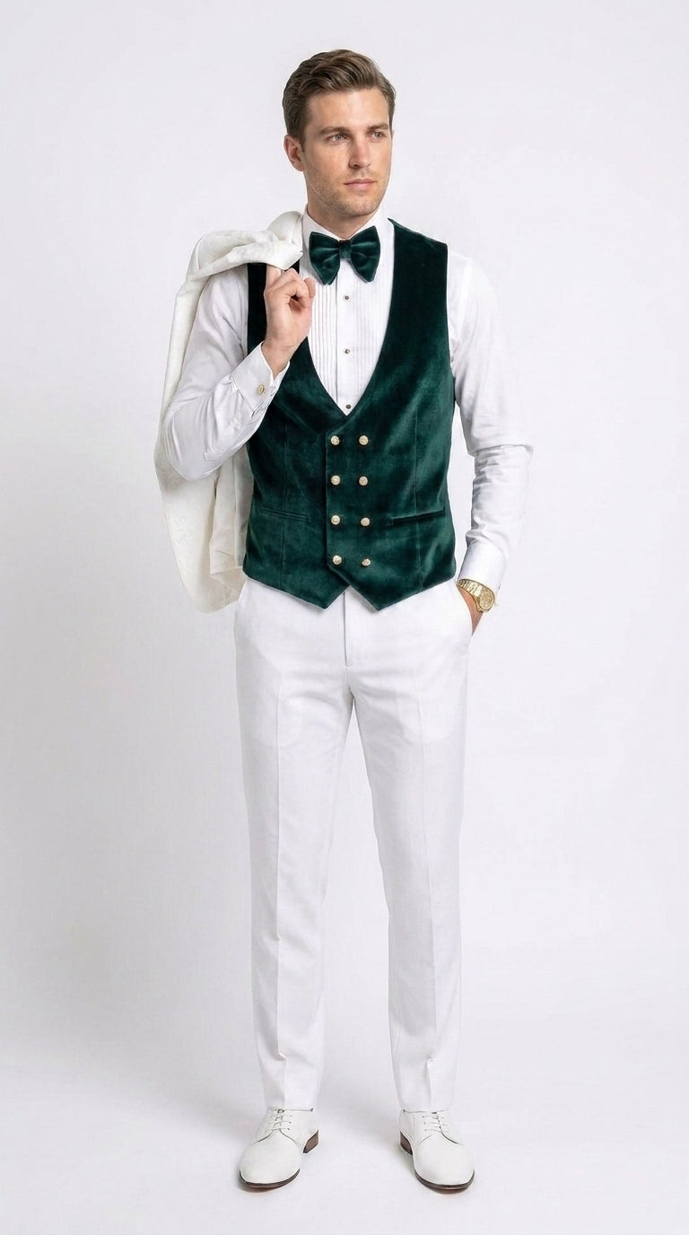 Men’s White and Dark Green 3-Piece Tuxedo – Groom Wedding and Prom Suit with Velvet Shawl Lapel