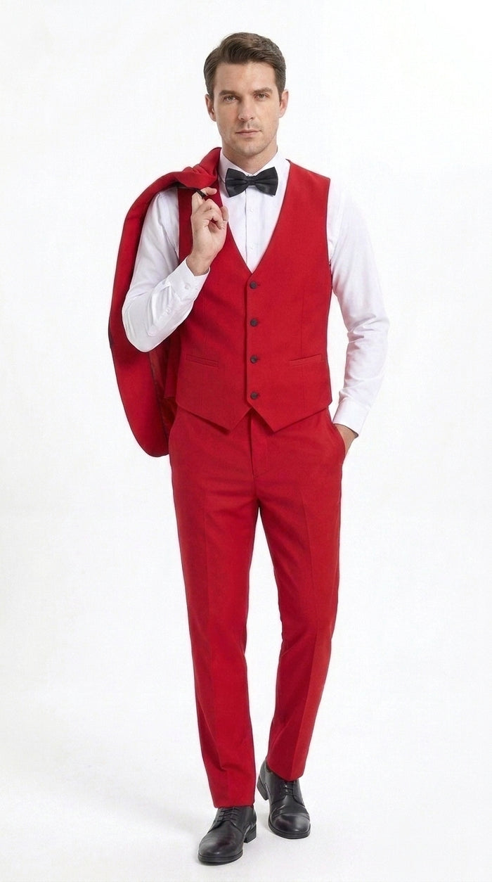 Men’s Trim Lapel Prom Tuxedo– 3 Piece Wedding Suit in Purple, Black, Red, Ivory, or Navy