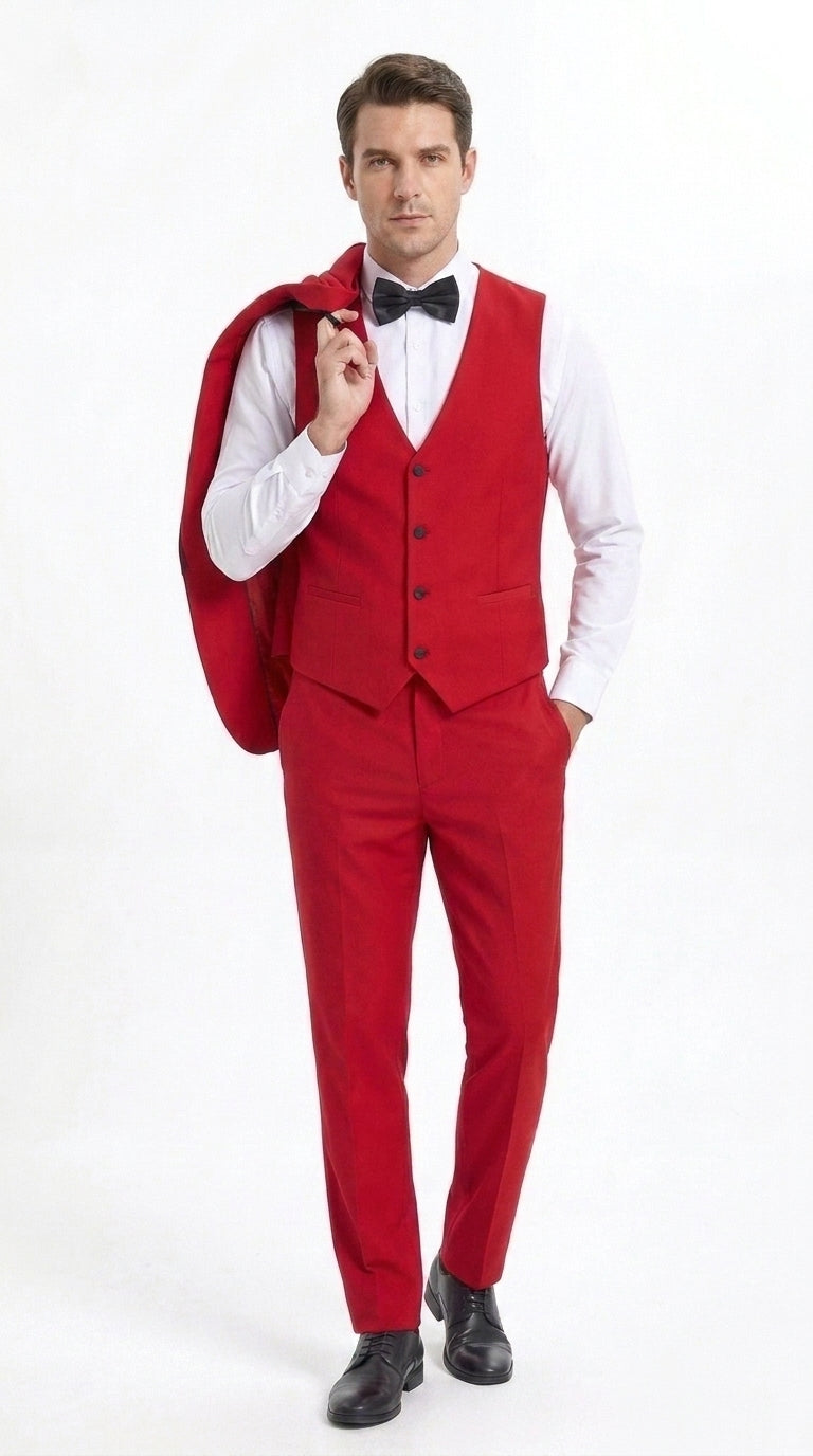 Men’s Trim Lapel Prom Tuxedo– 3 Piece Wedding Suit in Purple, Black, Red, Ivory, or Navy