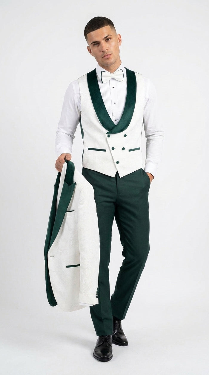 Men’s White and Hunter Green 3-Piece Wedding Tuxedo – White Dinner Jacket with Hunter Green Shawl Lapel
