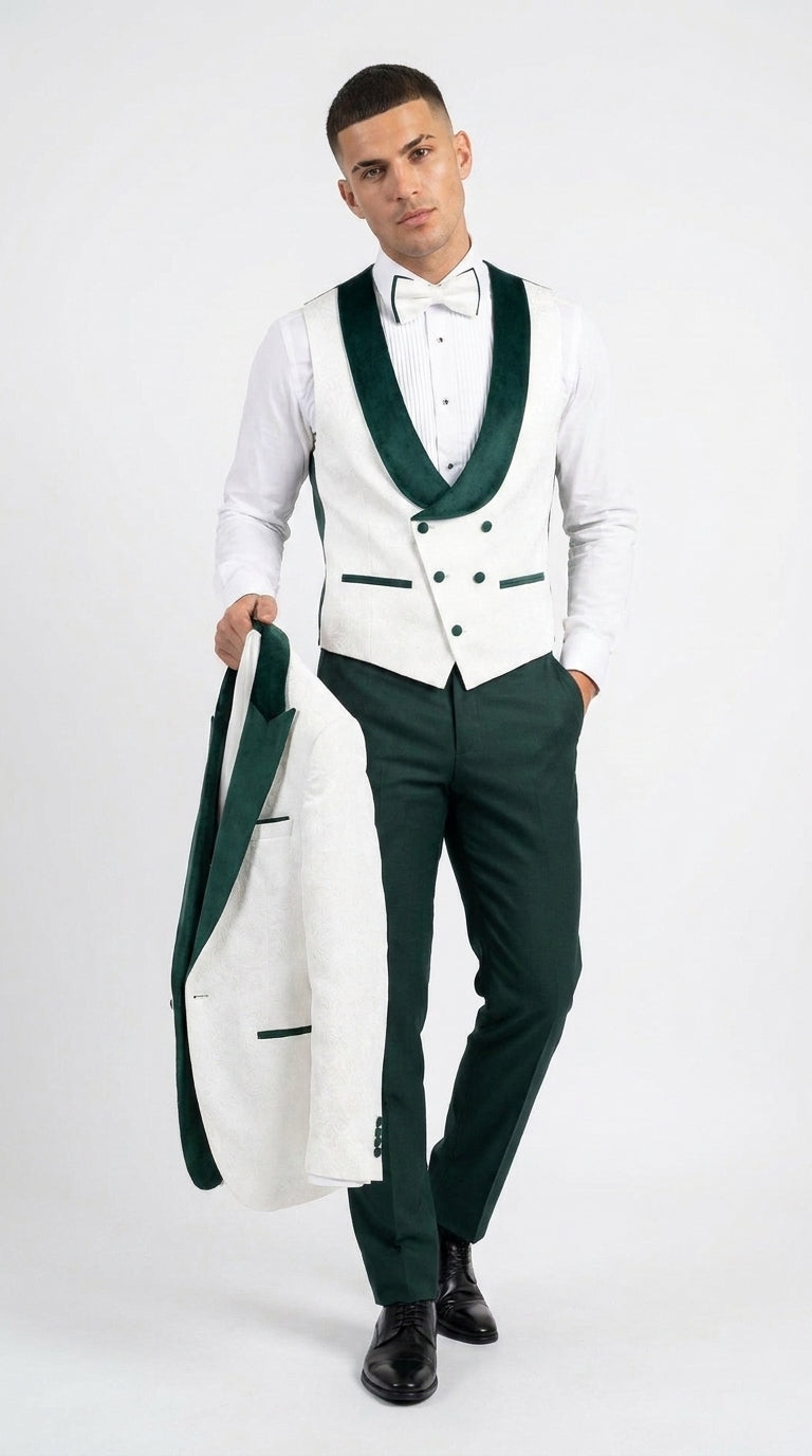 Men’s White and Hunter Green 3-Piece Wedding Tuxedo – White Dinner Jacket with Hunter Green Shawl Lapel