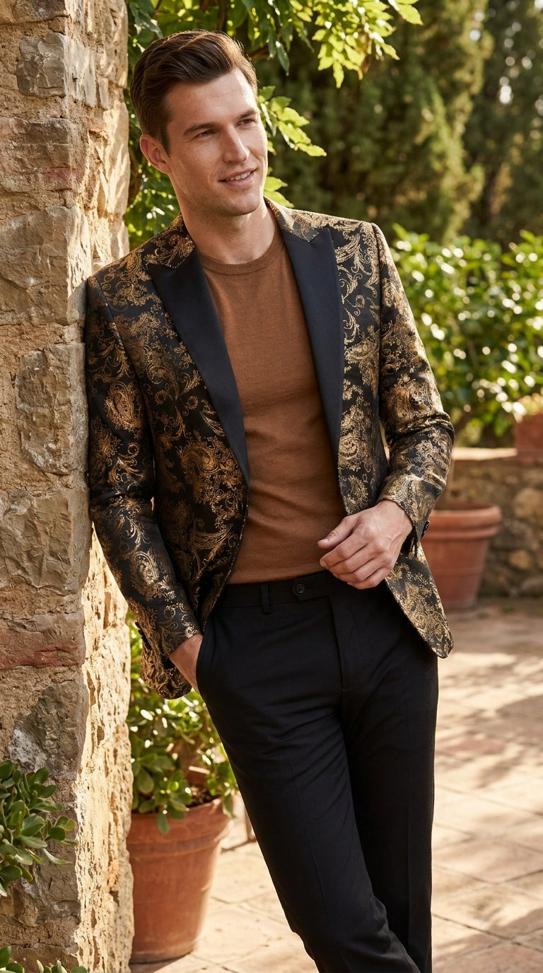 VINCI Men’s Gold and Black Paisley Tuxedo Dinner Jacket – Formal Prom, Wedding and Party Blazer