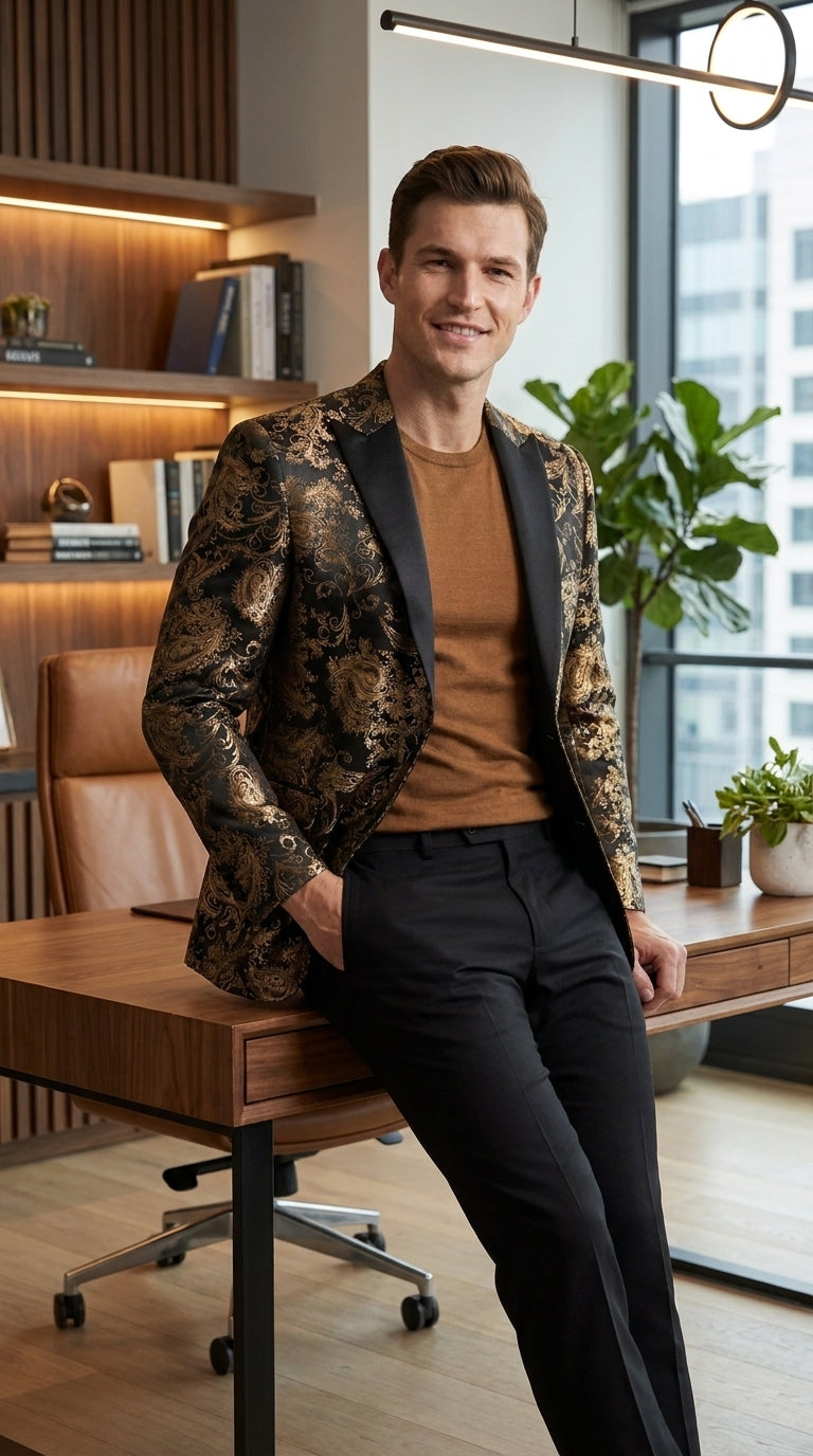 VINCI Men’s Gold and Black Paisley Tuxedo Dinner Jacket – Formal Prom, Wedding and Party Blazer