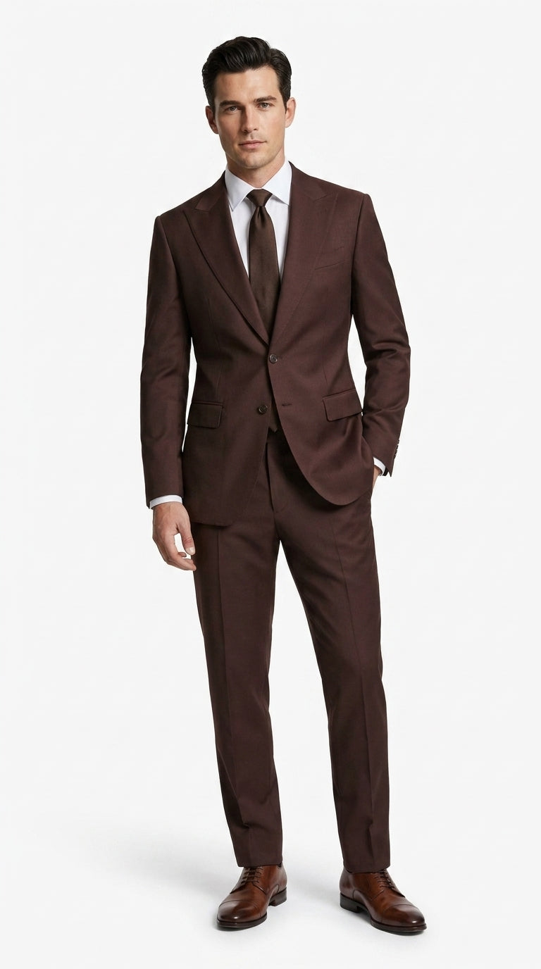 Statement Men’s Brown 2 Piece Wool Suit, Modern Fit Formal Wedding Business Suit with Pic Stitching