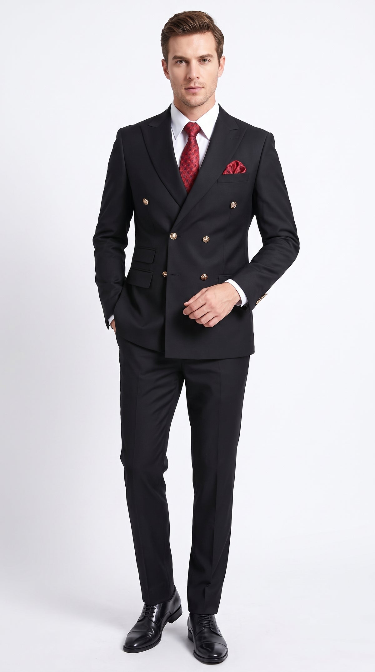 Men’s Black Wool Double Breasted Suit – Modern Fit 6 Button Formal Wedding & Business Suit with Black or Gold Buttons