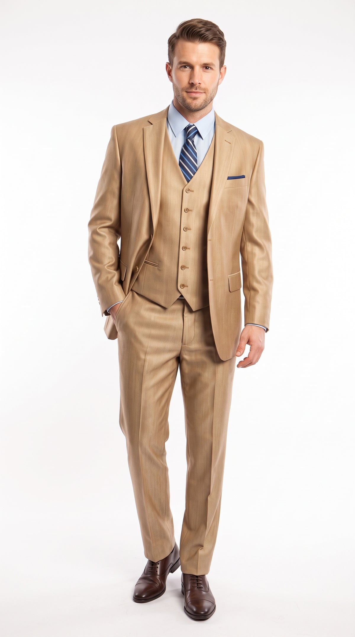 Men’s Camel Wheat Sharkskin 3 Piece Business Suit, Two Button Vested Formal Wedding Suit