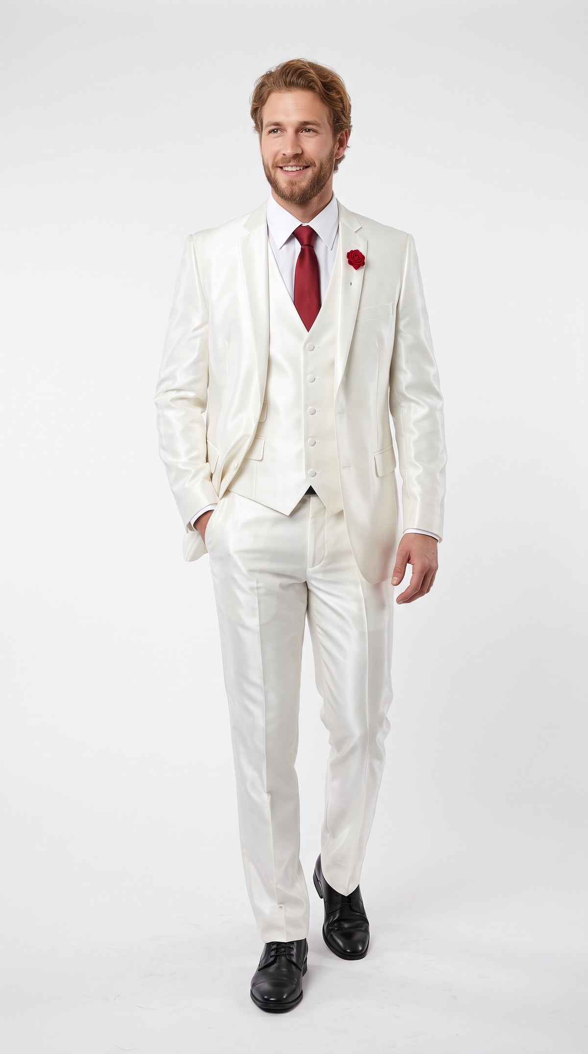 Tazio Men’s White Shiny Sharkskin 3 Piece Suit, Modern Fit Vested Formal Wedding Prom Suit