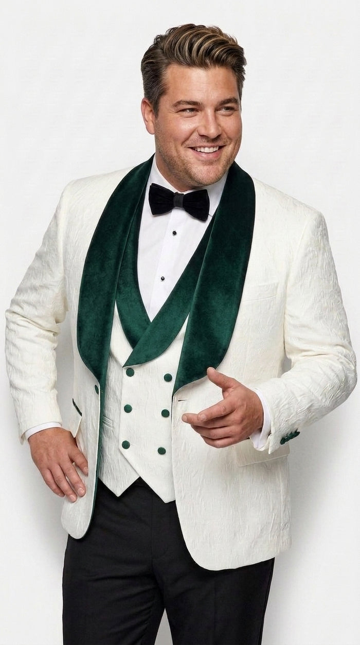 Men’s White and Hunter Green Tuxedo Dinner Jacket, Wide Velvet Shawl Lapel Groom Prom Blazer