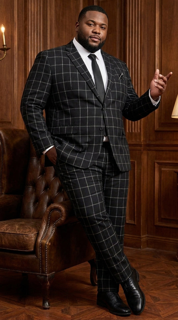 Men’s Black Windowpane Plaid Suit, 1920s Inspired Formal Wedding Prom Dress Suit