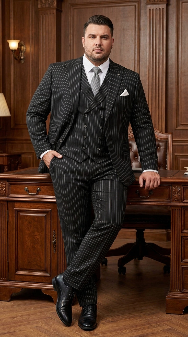 Statement Men’s Black Pinstripe 3 Piece Wool Suit, Fashion Formal Wedding Business Dress Suit