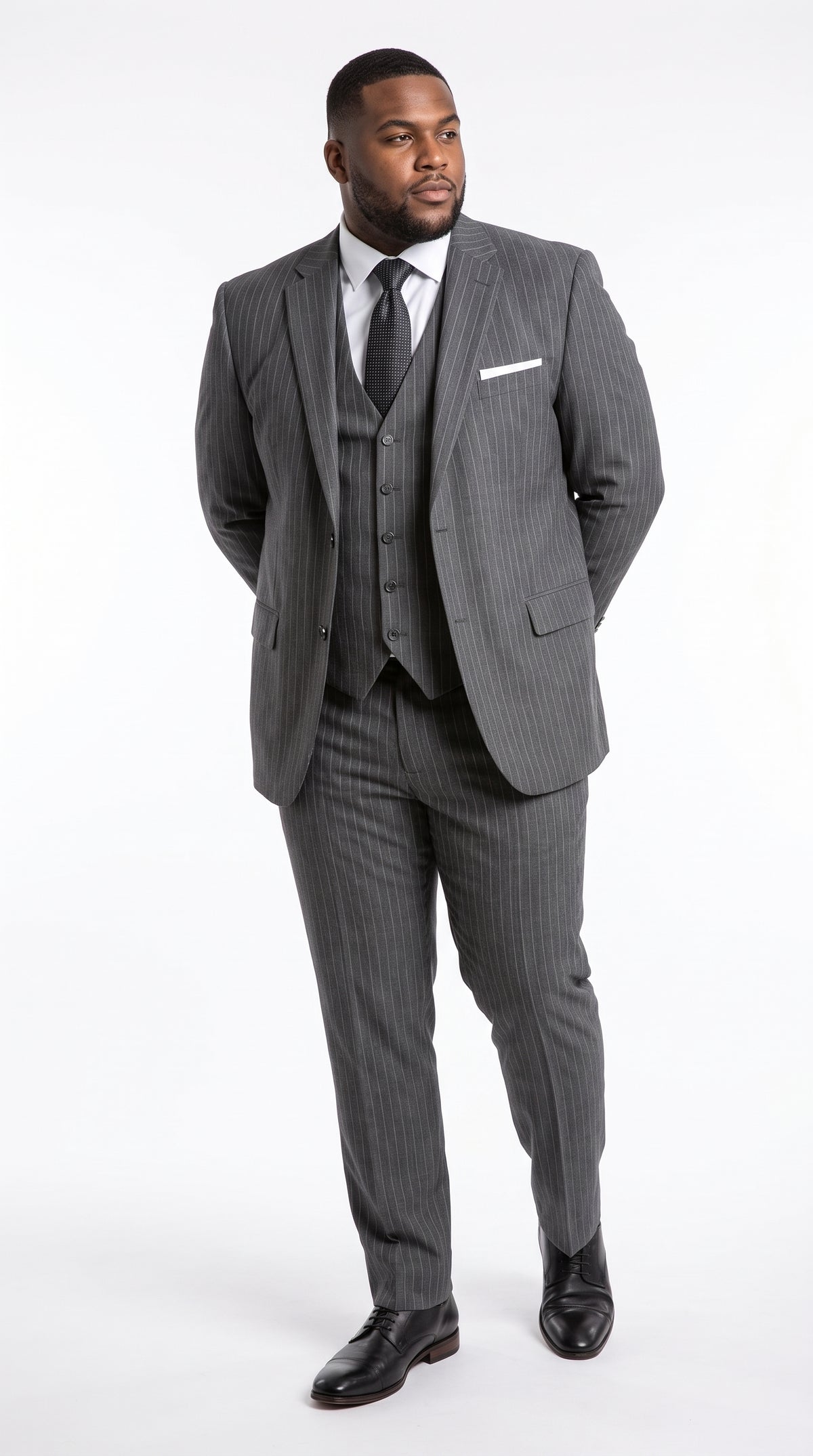 Men’s Charcoal Grey Pinstripe 3-Piece Wool Suit – 2 Button Modern Fit Vested Business & Wedding Suit