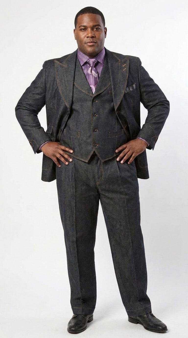 Apollo King Men’s Black Denim Vested Suit, Peak Lapel Wide Leg Formal Dress Suit