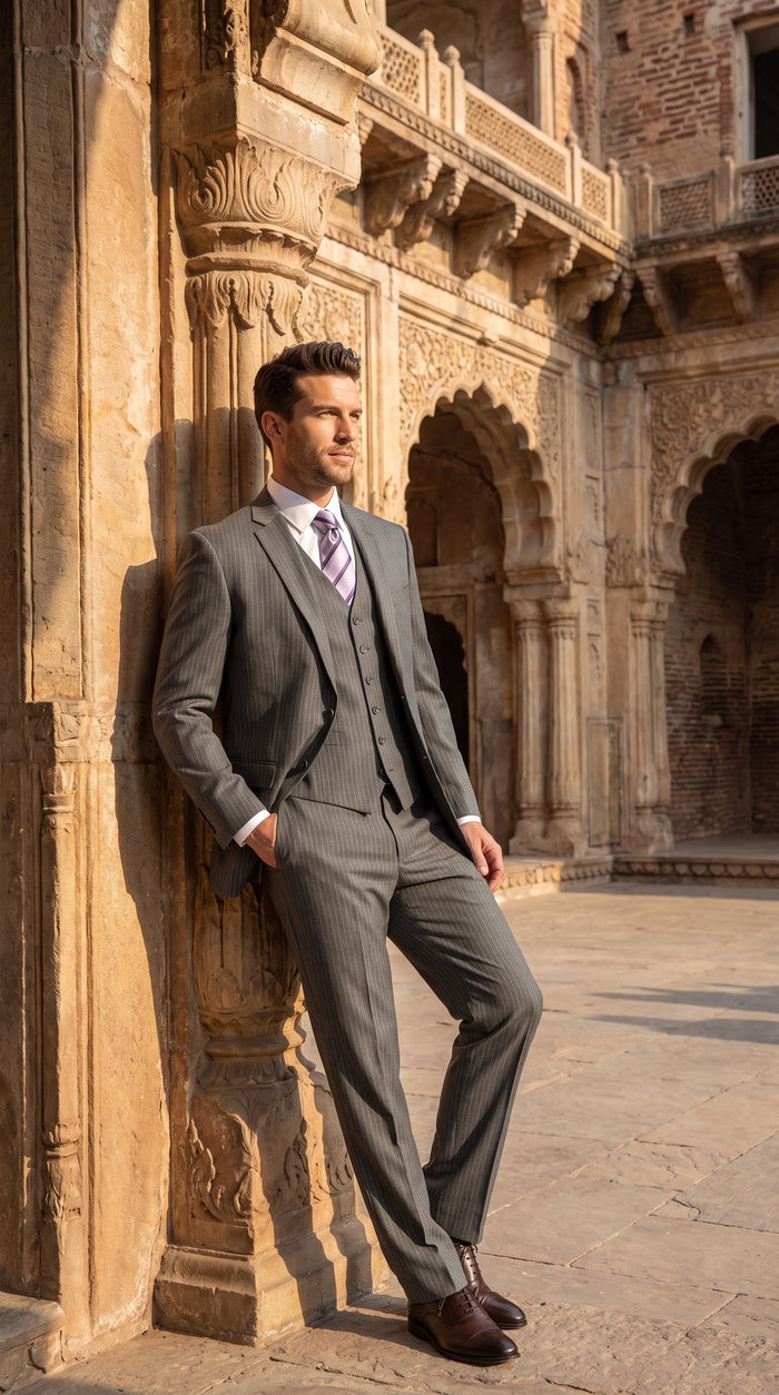 Men's Light Grey Pinstripe 3-Piece Vested Business Suit – Classic Two-Button Charcoal Gray Striped Formal Suit