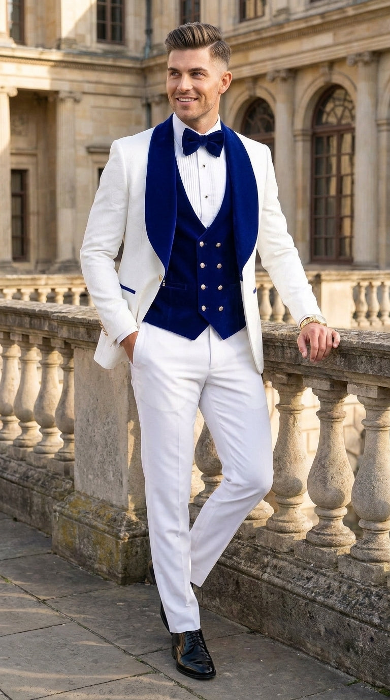 Men’s White and Royal Blue 3-Piece Tuxedo – Groom Wedding and Prom Suit with Velvet Shawl Lapel