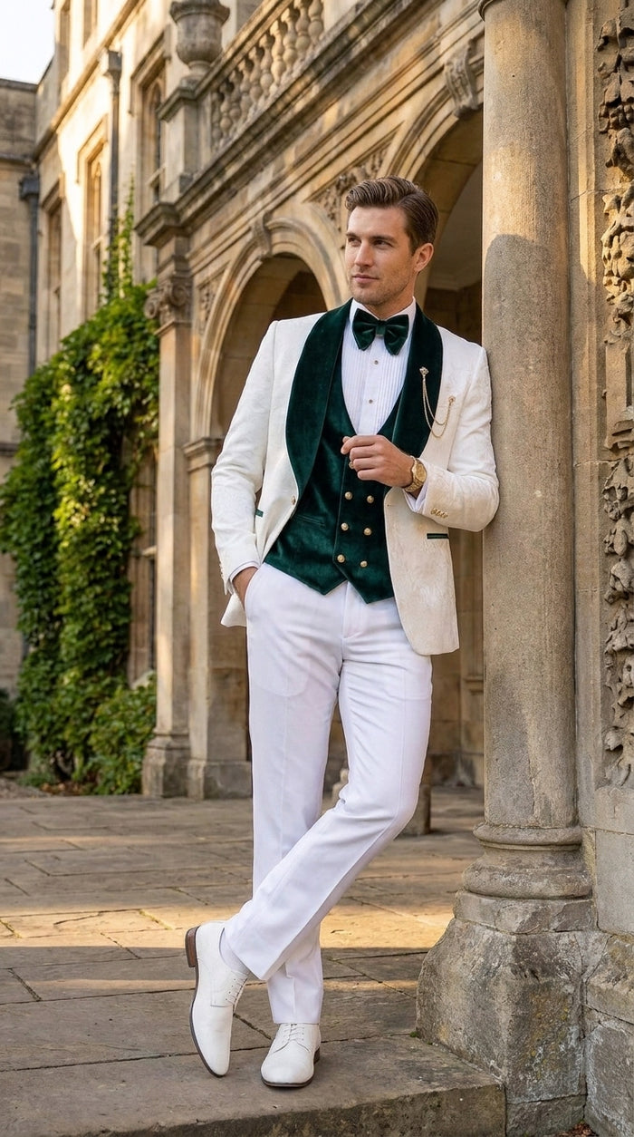 Men’s White and Dark Green 3-Piece Tuxedo – Groom Wedding and Prom Suit with Velvet Shawl Lapel
