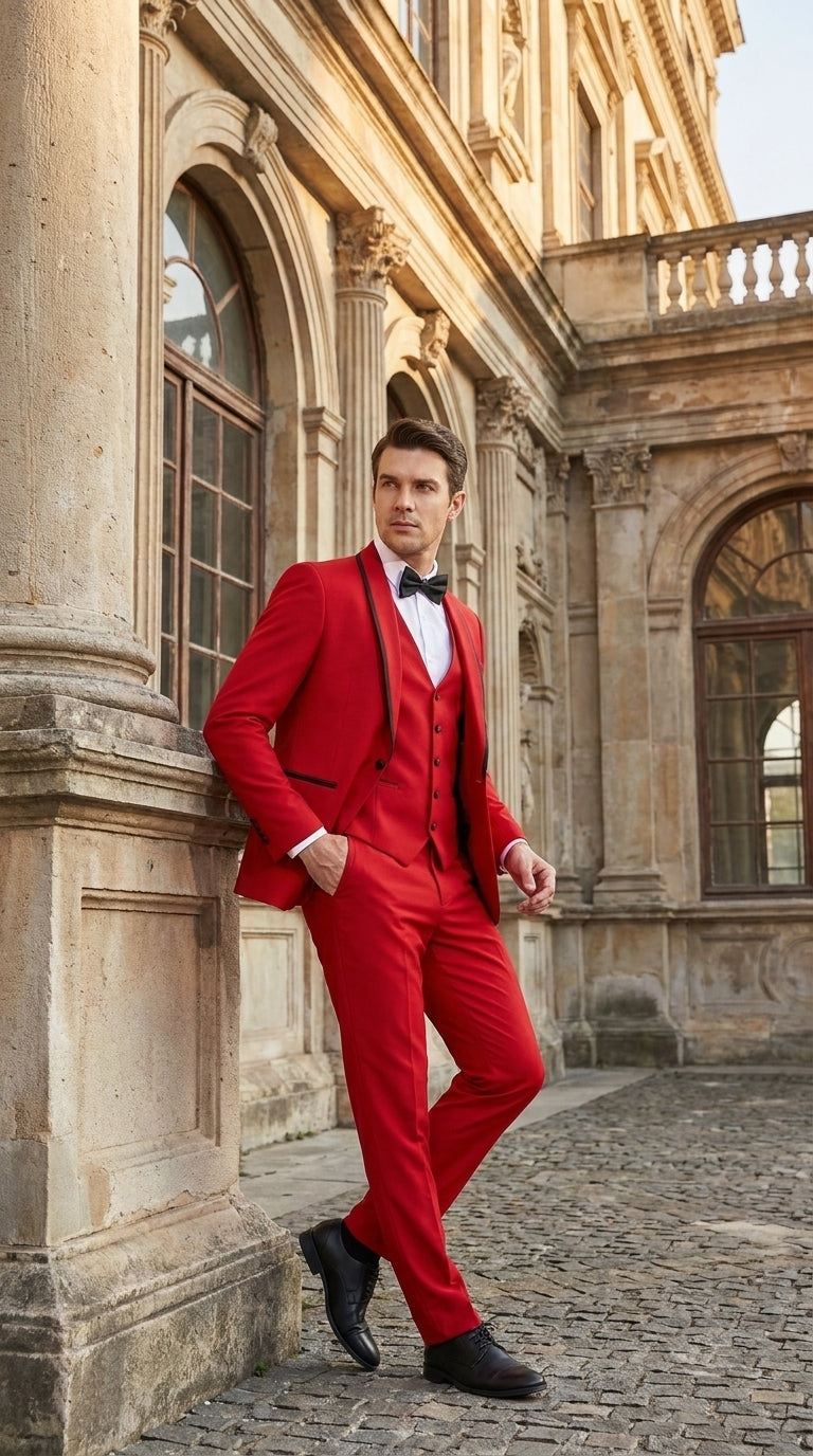 Men’s Trim Lapel Prom Tuxedo– 3 Piece Wedding Suit in Purple, Black, Red, Ivory, or Navy
