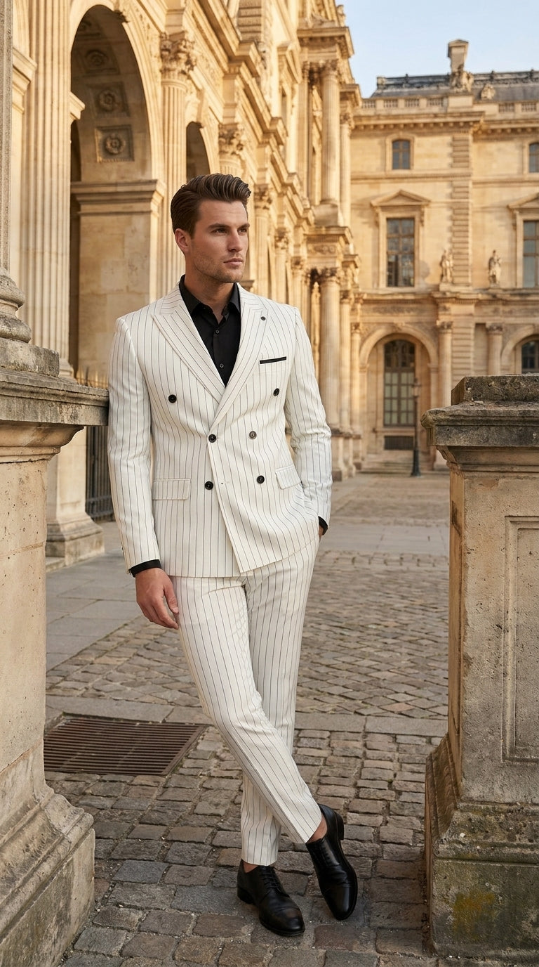Men’s White Pinstripe Double Breasted Suit – Vintage 1920s 1940s Gangster Dress Suit