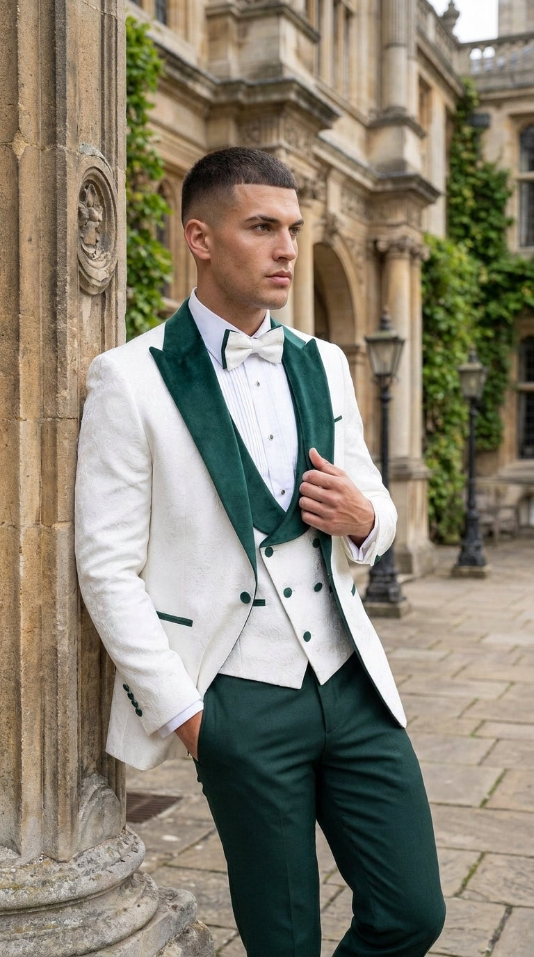 Men’s White and Hunter Green 3-Piece Wedding Tuxedo – White Dinner Jacket with Hunter Green Shawl Lapel