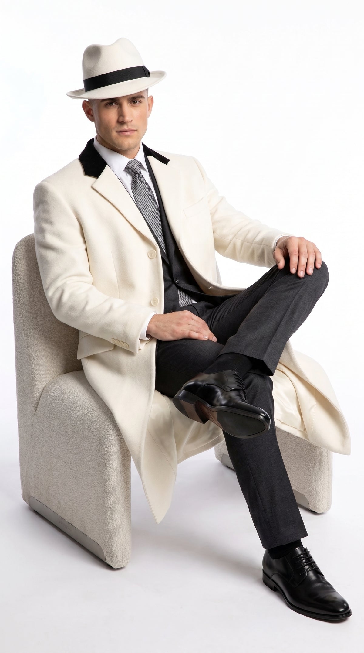 Men’s White Full-Length Trench Coat – Classic Formal Overcoat & Dress Topcoat for Men