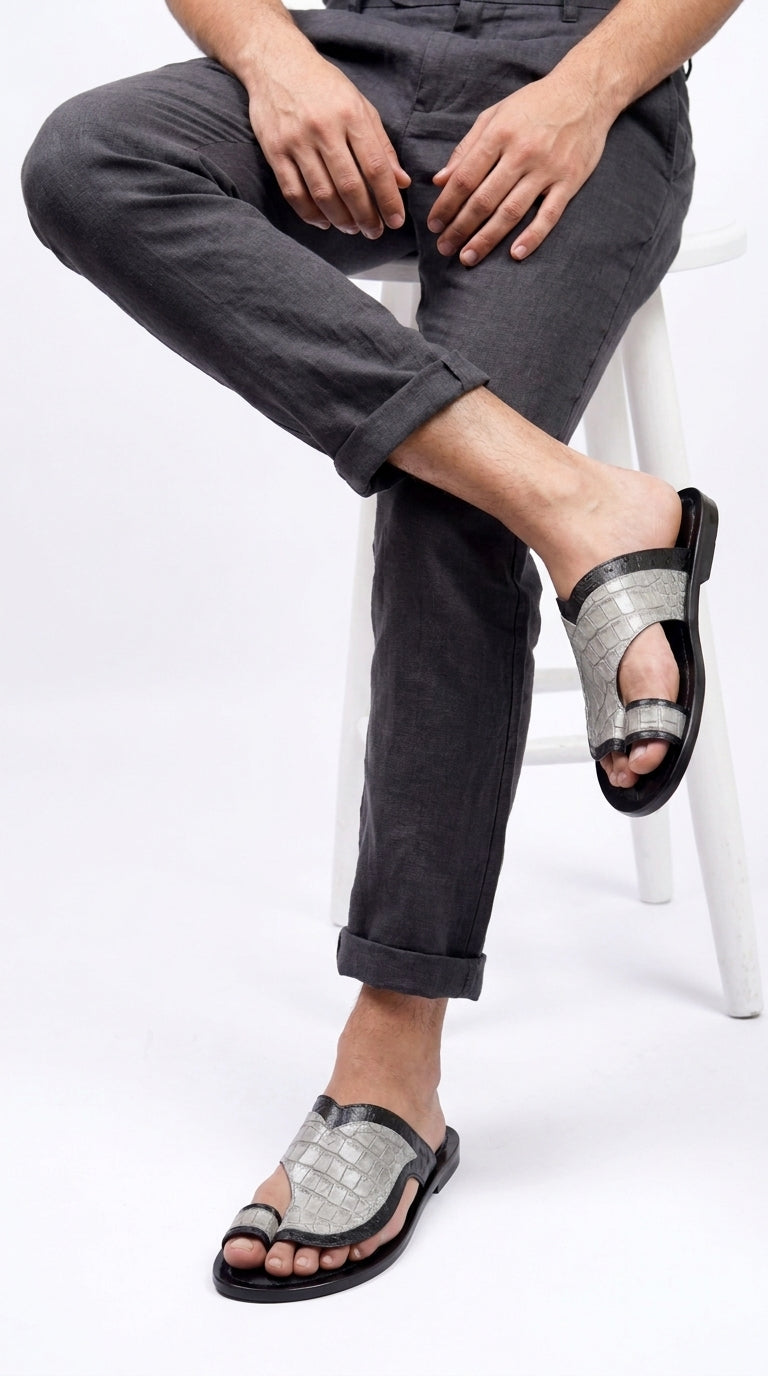 Corrente 5831 Men’s Exotic Crocodile Sandals – Black & Grey
