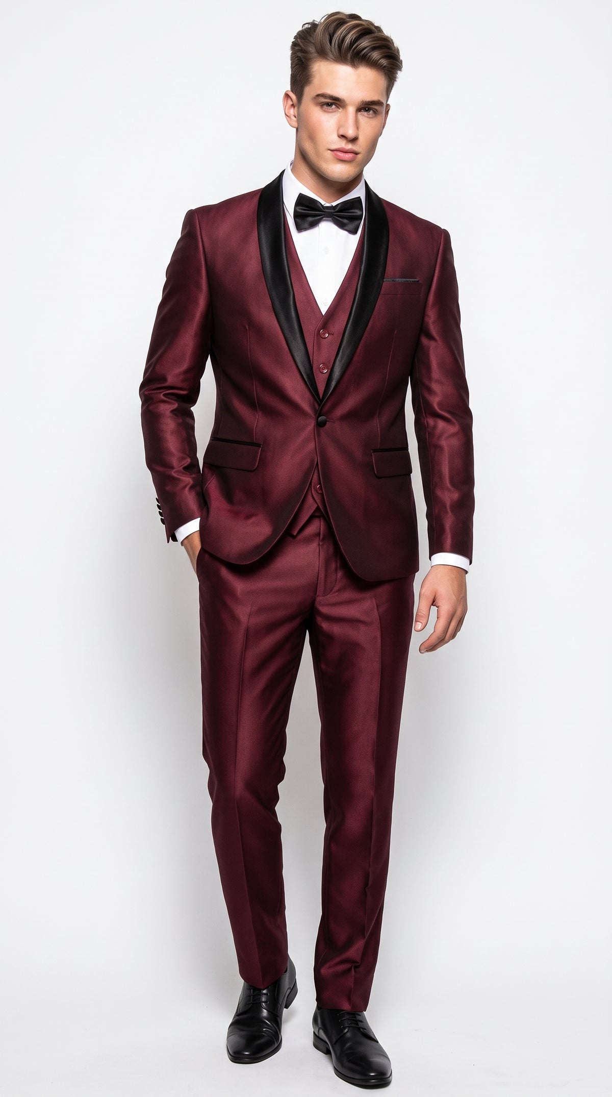 Men's Burgundy Sharkskin 3-Piece Tuxedo Suit – One Button Black Satin Shawl Lapel Vested Wedding & Prom Tuxedo