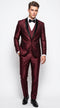 Men's Burgundy Sharkskin 3-Piece Tuxedo Suit – One Button Black Satin Shawl Lapel Vested Wedding & Prom Tuxedo