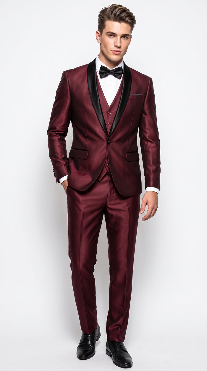 Men's Burgundy Sharkskin 3-Piece Tuxedo Suit – One Button Black Satin Shawl Lapel Vested Wedding & Prom Tuxedo