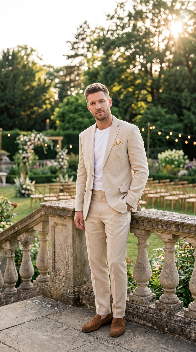 Men’s Tan Linen Blend 2 Piece Suit, Modern Fit Notch Lapel Summer Wedding Suit