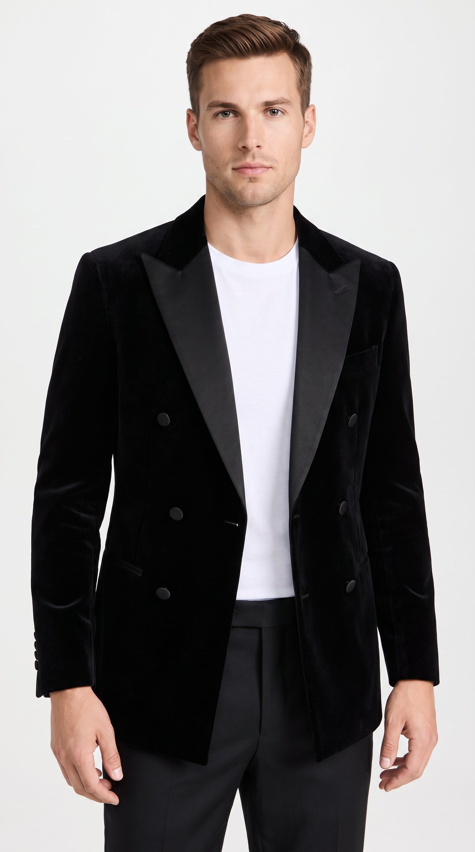 Men’s Black Velvet Double Breasted Blazer with Satin Peak Lapel, Formal Tuxedo Dinner Jacket