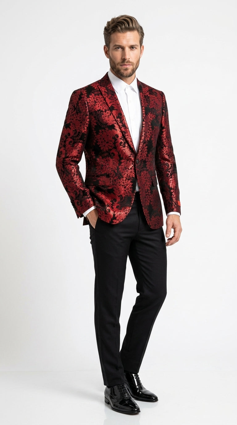 Men’s Red and Black Retro Paris Floral Suit, Designer Formal Wedding Prom Party Blazer Set