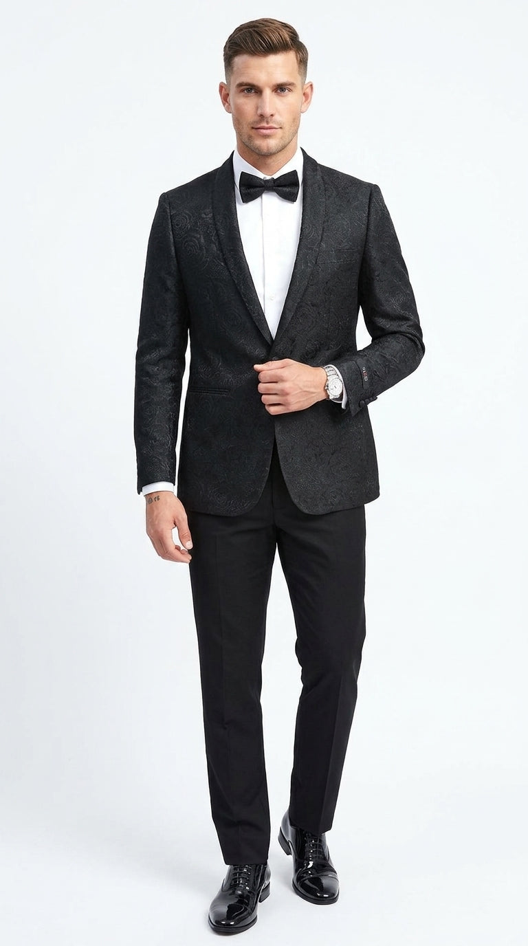 Men’s Black Floral Patterned Tuxedo Jacket, Formal Wedding Prom Dinner Blazer with Shawl Lapel