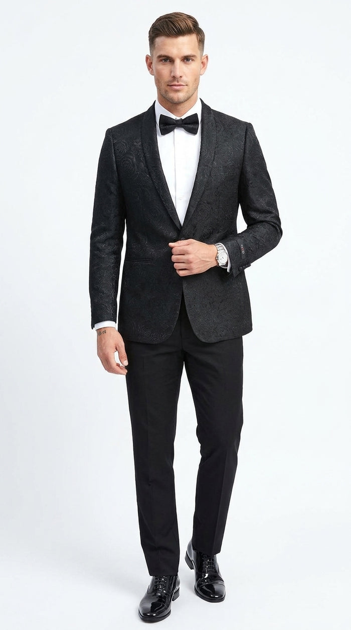 Men’s Black Floral Patterned Tuxedo Jacket, Formal Wedding Prom Dinner Blazer with Shawl Lapel