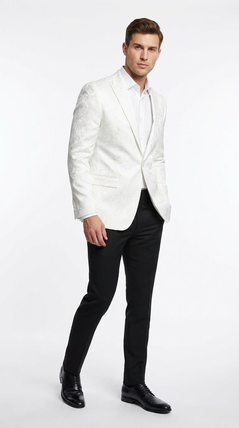 Men’s White Floral Satin Dinner Jacket – Shiny Paisley Tuxedo Blazer for Wedding, Prom, Stage & Party Wear